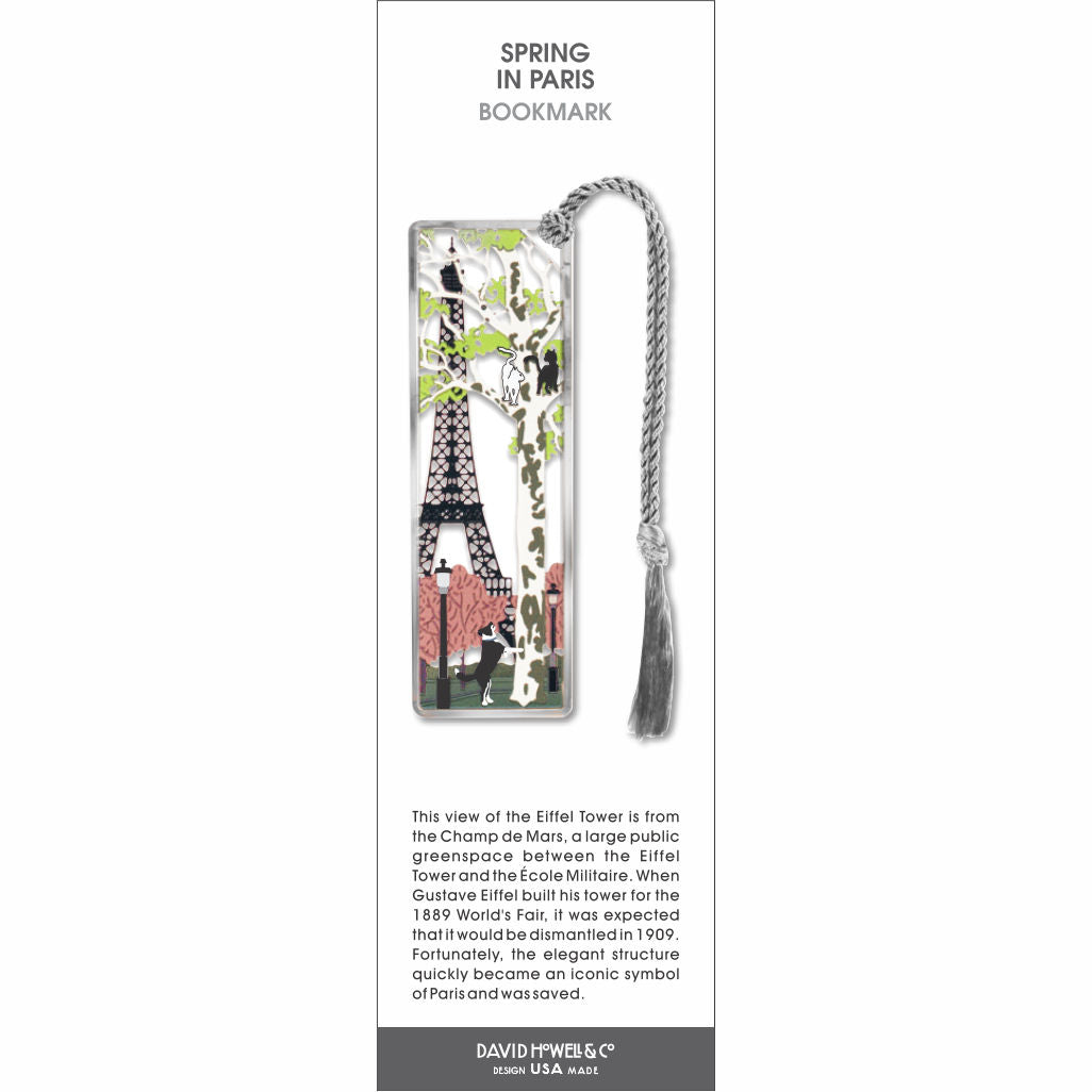 Spring in Paris’ bookmark featuring the Eiffel Tower, a dog in the park, and cats in a tree, with a gray tassel.