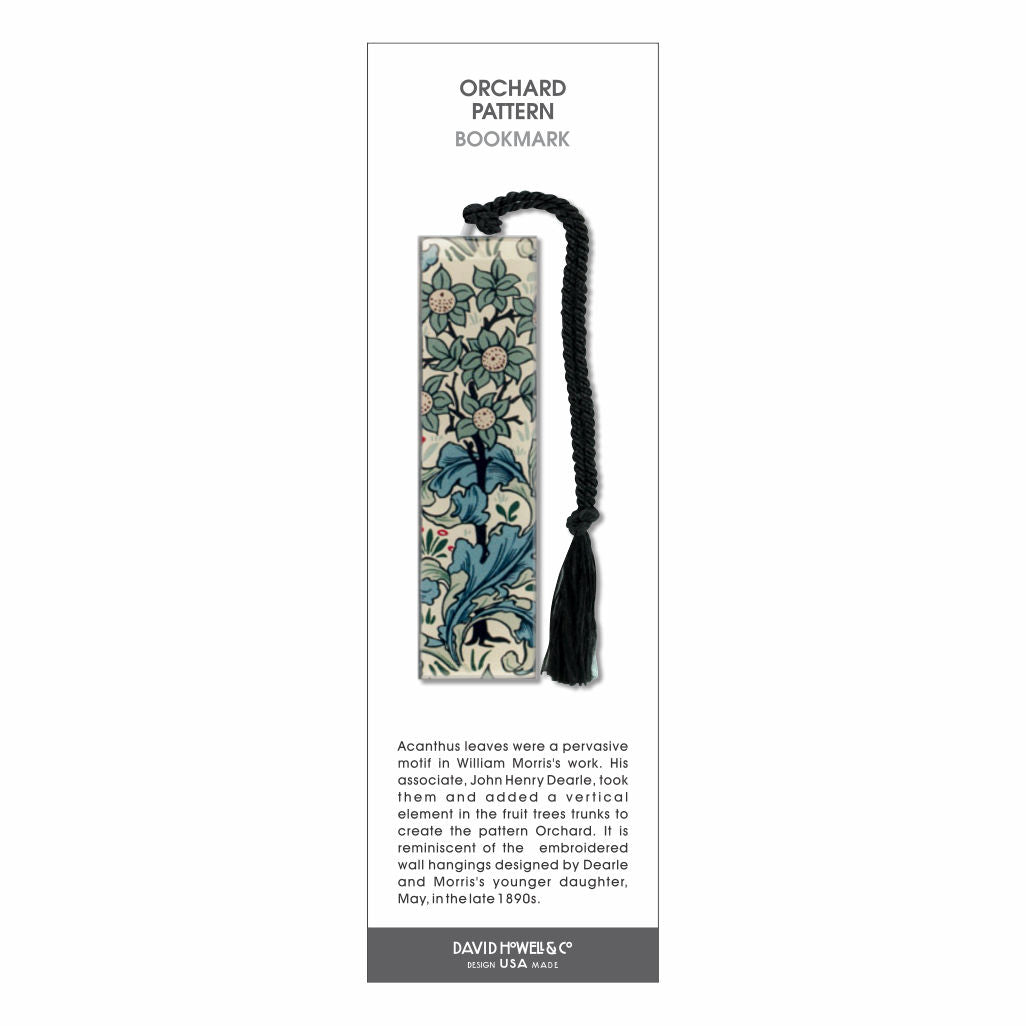 Orchard Pattern’ bookmark featuring a William Morris–style floral design with blue-green leaves and a black tassel.
