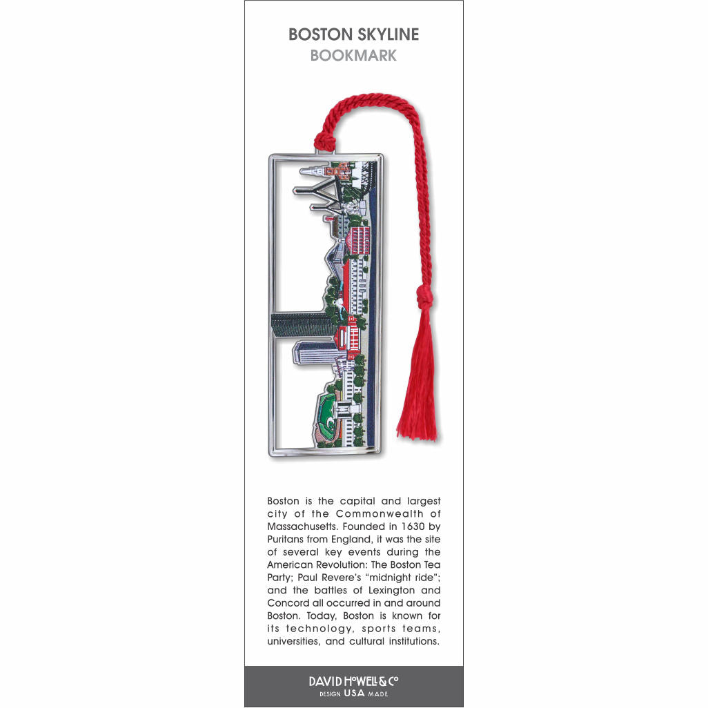 Boston Skyline’ bookmark showing iconic Boston buildings and landmarks in a stylized cityscape with a red tassel.