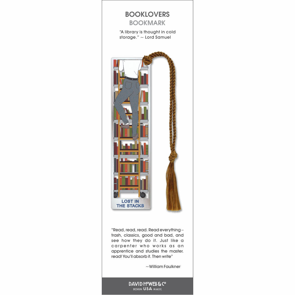 Booklovers’ bookmark showing a person climbing a ladder in a bookshelf filled with books, with a brown tassel.