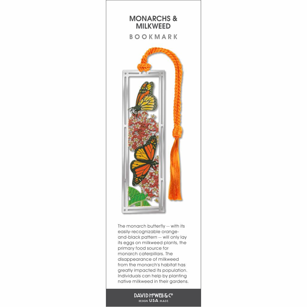 Monarchs & Milkweed’ bookmark with two orange-and-black monarch butterflies on pink milkweed flowers and an orange tassel.