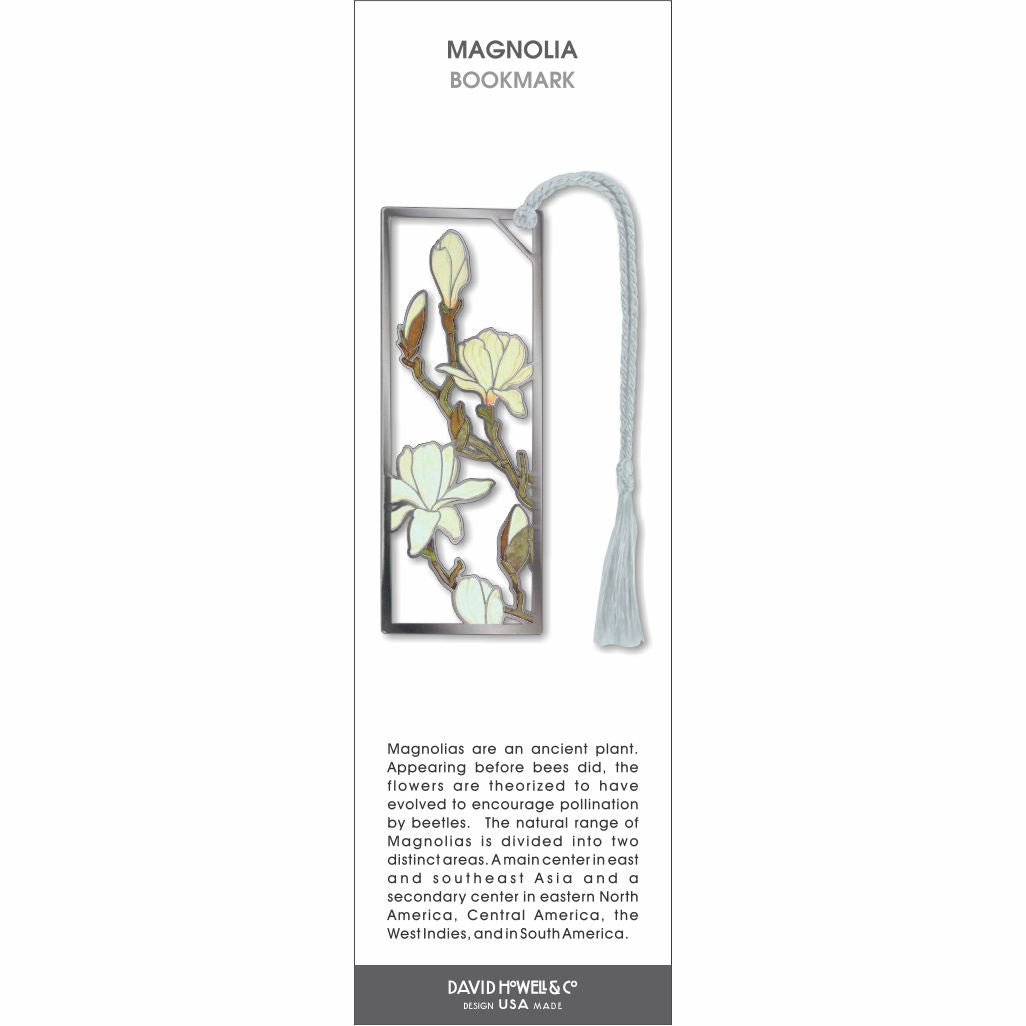 Magnolia’ bookmark featuring soft white magnolia blossoms on branches with a pale blue tassel.