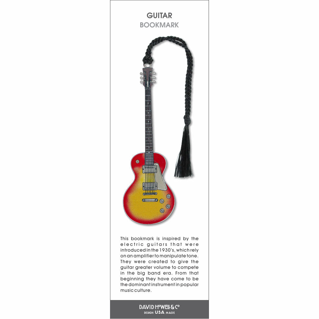 Guitar’ bookmark featuring a red and yellow electric guitar with a black tassel.