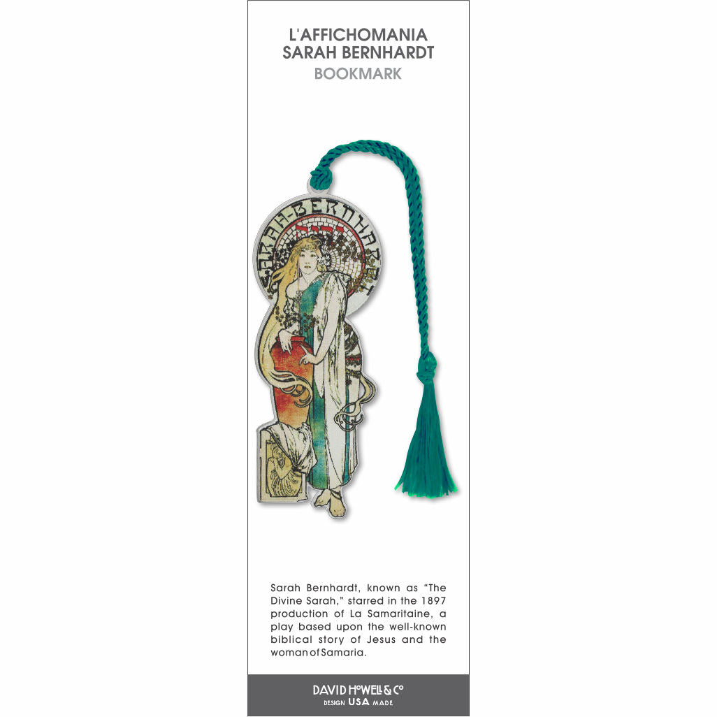 L’Affichomania Sarah Bernhardt’ bookmark featuring an Art Nouveau illustration of a woman in flowing robes with a teal tassel.