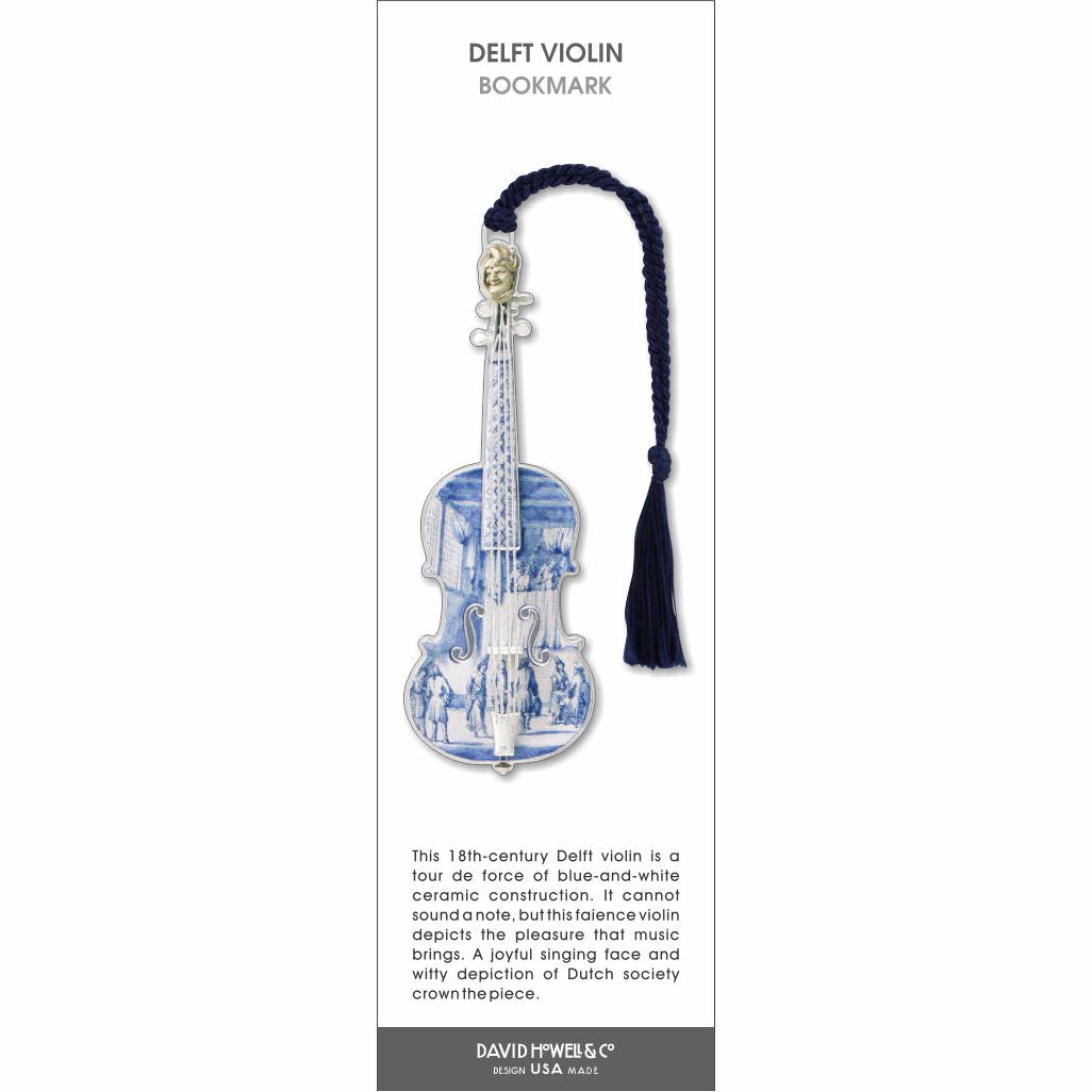 Delft violin bookmark featuring a blue-and-white violin design with detailed scenic patterns, topped with a decorative face and a dark blue tassel.