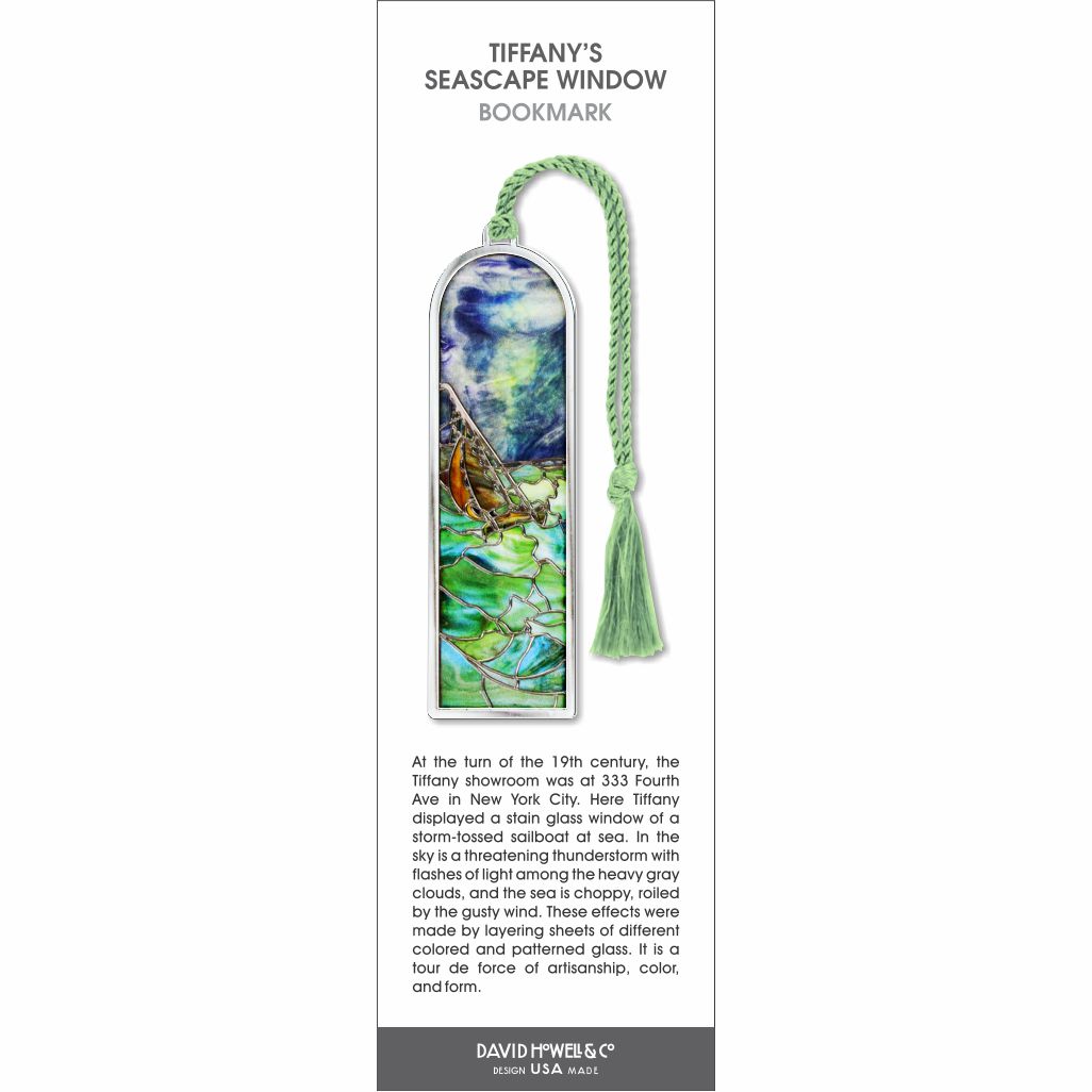 Tiffany’s seascape window bookmark featuring a stained-glass style sailboat on choppy green-blue water under a dramatic sky, with a light green tassel.