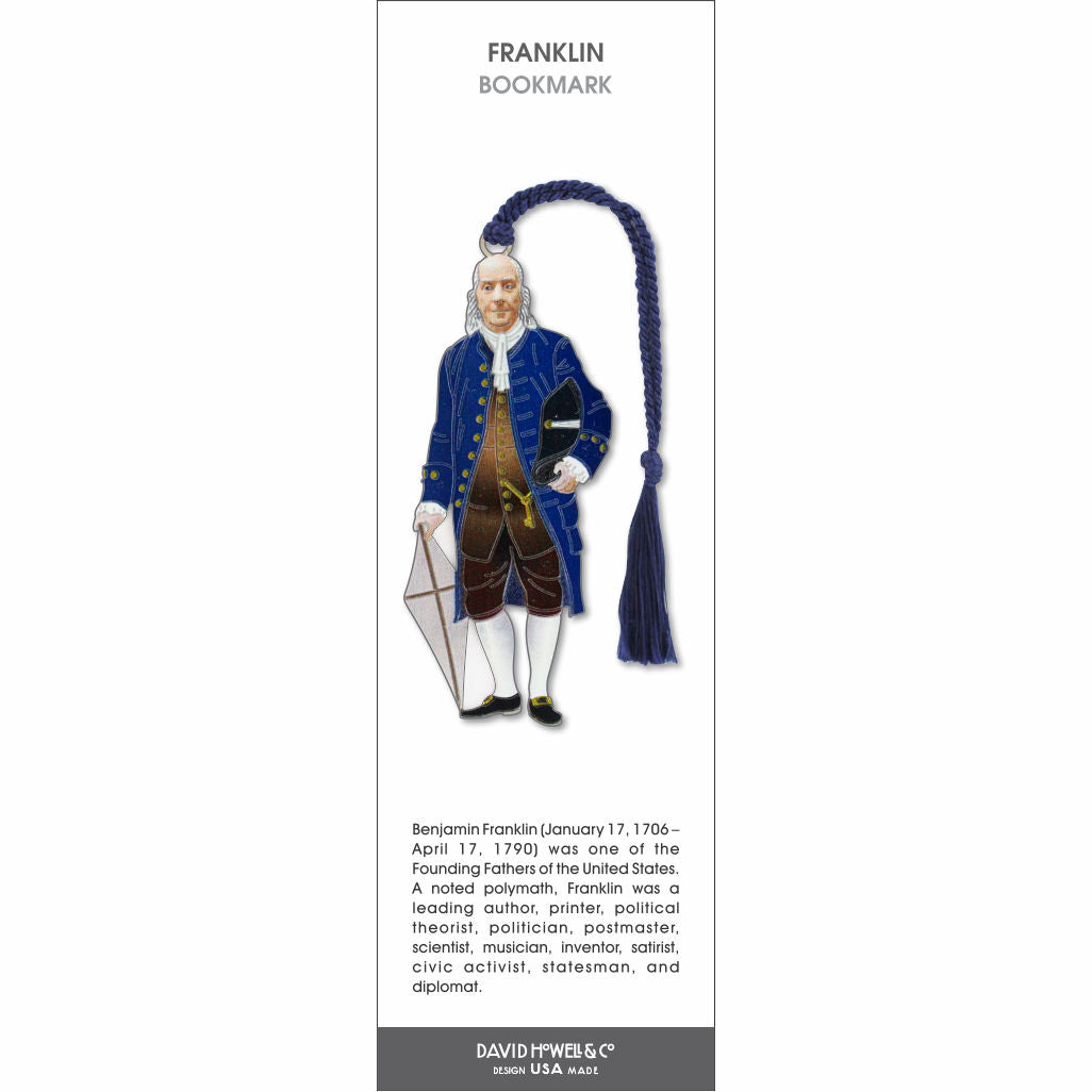 Franklin’ bookmark featuring Benjamin Franklin in colonial attire holding a kite with a blue tassel.