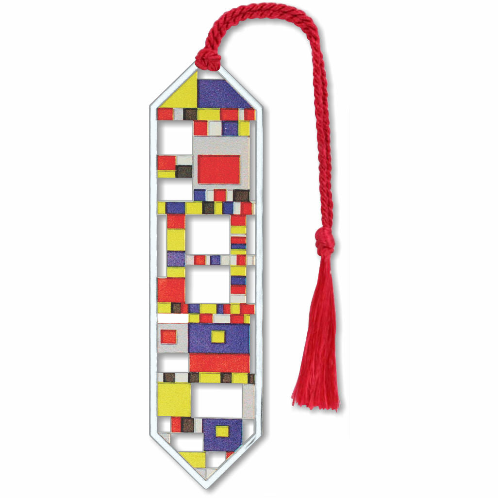 A silver metal bookmark with a geometric pattern in the style of Mondrian's Boogie Woogie art, attached to a red tassel.