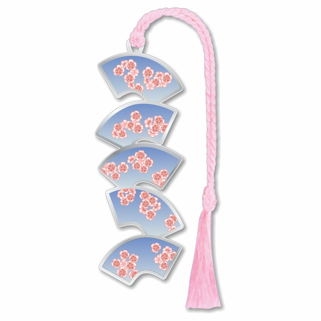 A decorative bookmark featuring a series of folding fans with flowering cherry blossom designs, connected by a pink braided tassel for a museum-quality cherry blossom season gift, readers, and art gift.