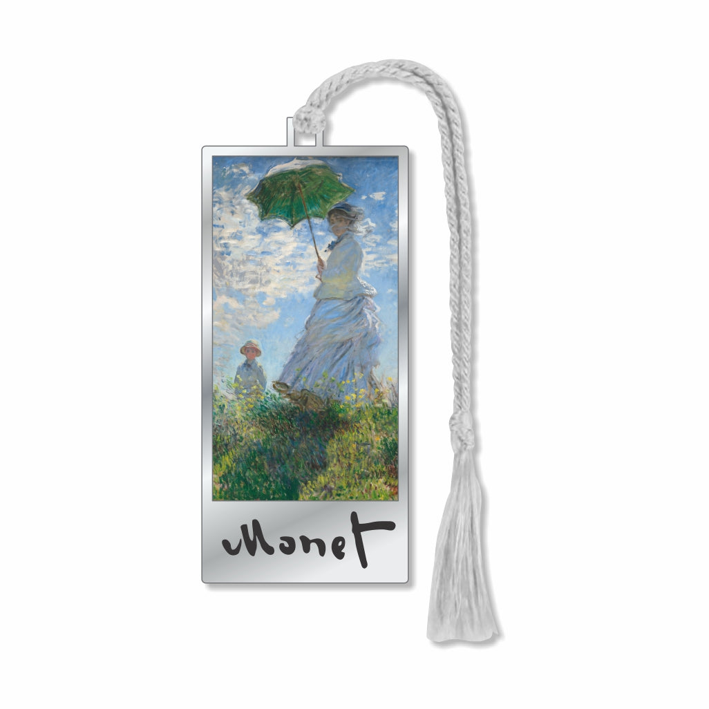 Claude Monet Metal bookmark featuring Claude Monet’s Woman With a Parasol, depicting Camille Monet and her son Jean on a breezy hillside, rendered in luminous Impressionist brushstrokes celebrating natural light, movement, and color with silver braided tassel for book lovers, art enthusiasts and gifts.