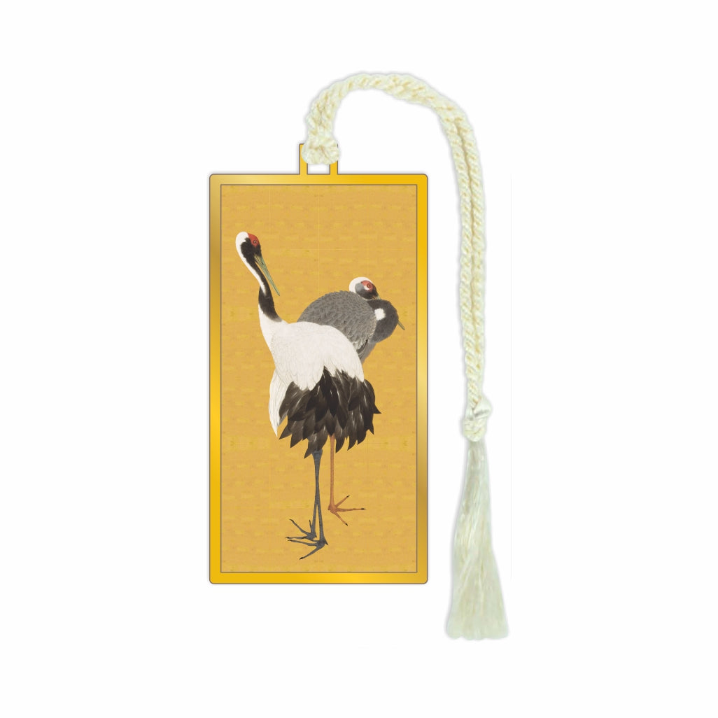 Metal bookmark featuring elegant crane artwork inspired by Japanese artist Maruyama Okyo, blending traditional Japanese and Chinese influences with Western artistic techniques, based on his celebrated National Treasure crane screens showing two cranes with long necks standing on a gold background with white braided tassel perfect gift for book lovers and collectors.