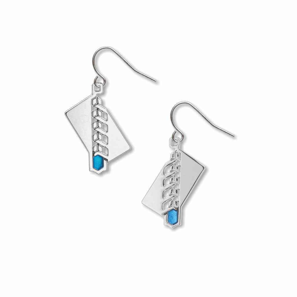 Midway Gardens Earrings: silver-tone geometric earrings inspired by Frank Lloyd Wright's Midway Gardens design, featuring blue hexagonal accents on white background