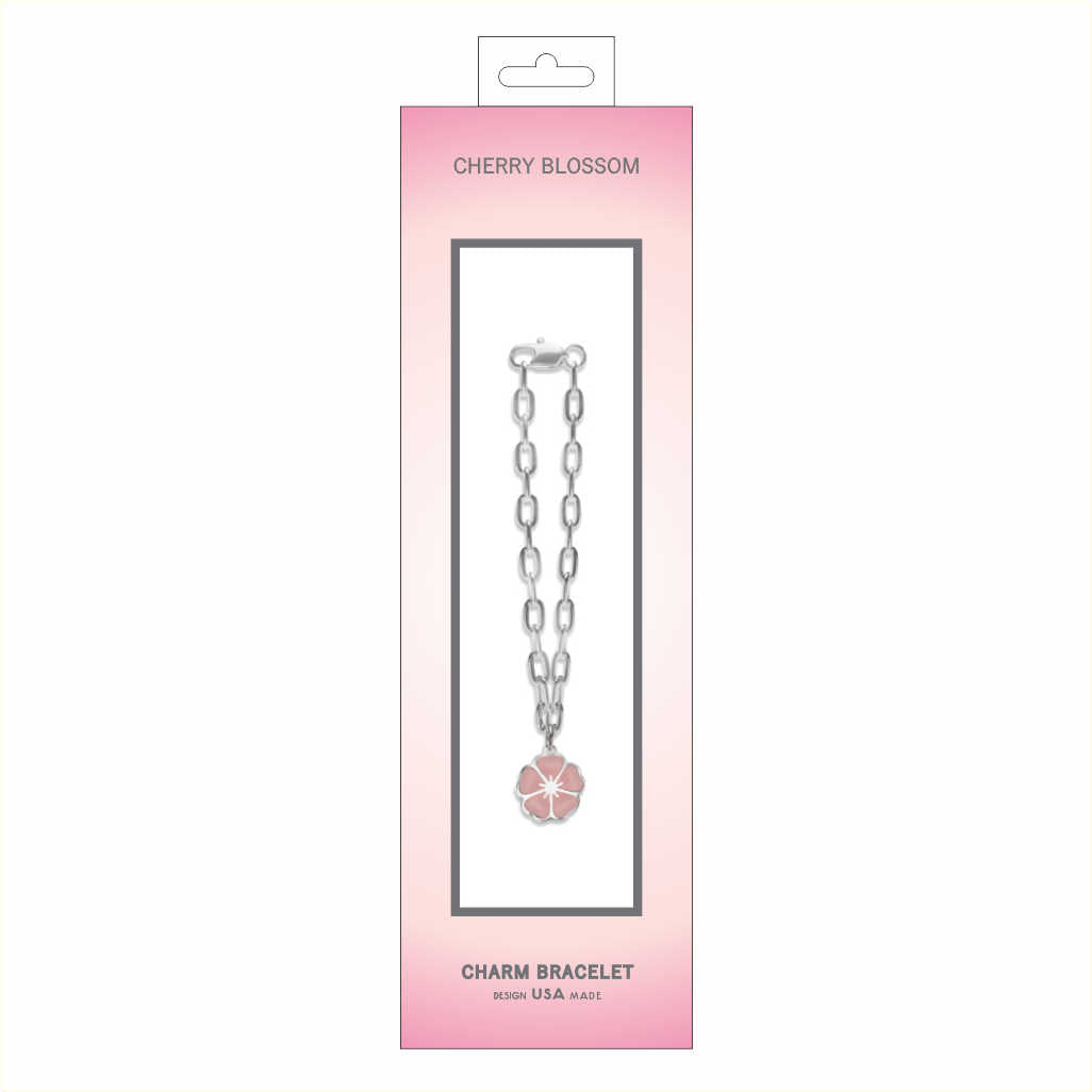 silver link bracelet with cherry blossom pendant in packaging
