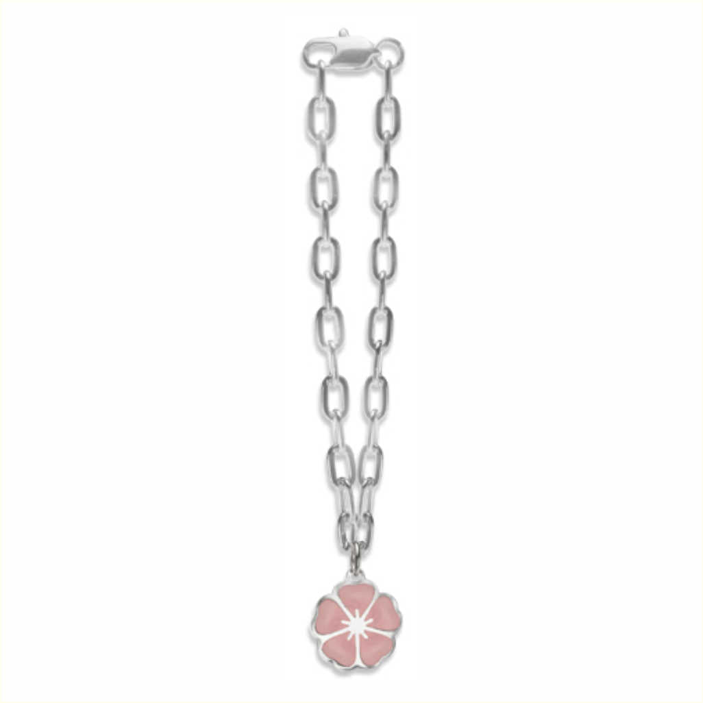 silver link bracelet with cherry blossom pendant on white background