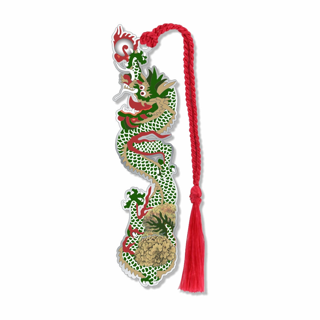 Dragon & Flaming Pearl metal bookmark inspired by a 16th-century Asian painting, featuring a dragon with a sacred flaming pearl symbolizing good luck, prosperity, wisdom, truth, power, and control over weather and fortune. with red tassel for book lover gifts.