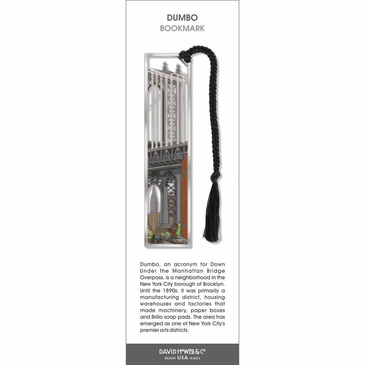 DUMBO’ bookmark featuring the Manhattan Bridge view from Brooklyn with city buildings and and Empire State Building with a black tassel.