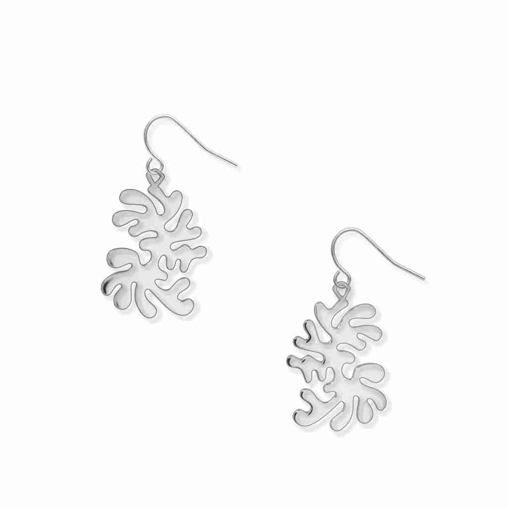 Pair of Ocean Life dangling earrings featuring abstract silver-tone coral-inspired shapes with lightweight openwork detailing and fishhook ear wires.