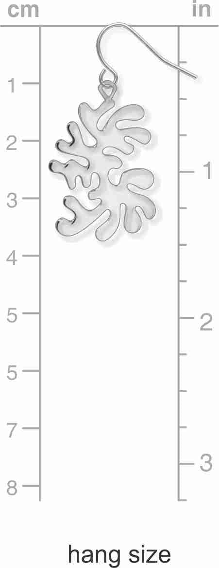 Ocean Life dangling earring shown on a measurement chart, featuring an abstract silver-tone coral-inspired design suspended from a fishhook ear wire.