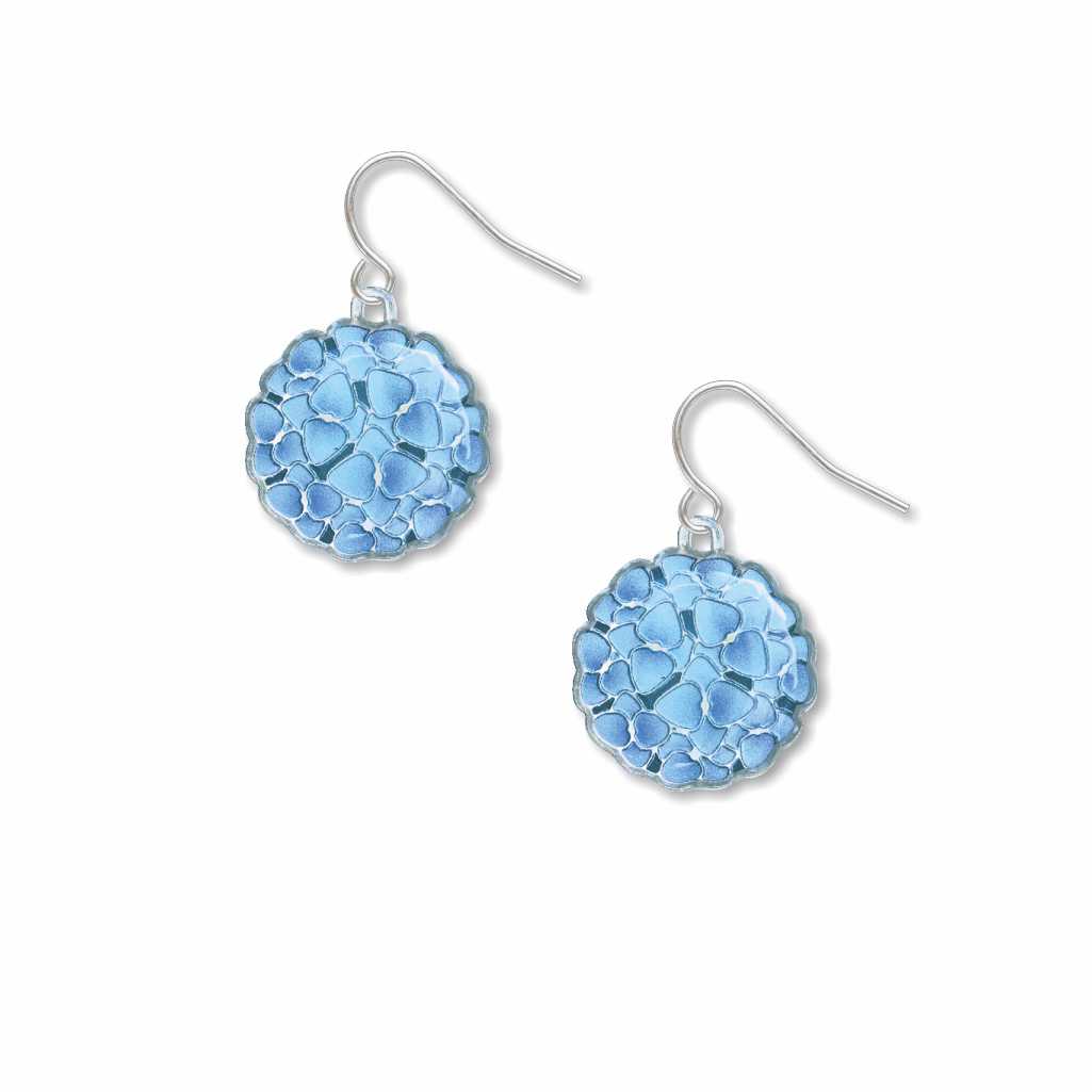 Pair of blue Hydrangeas earrings on a white background