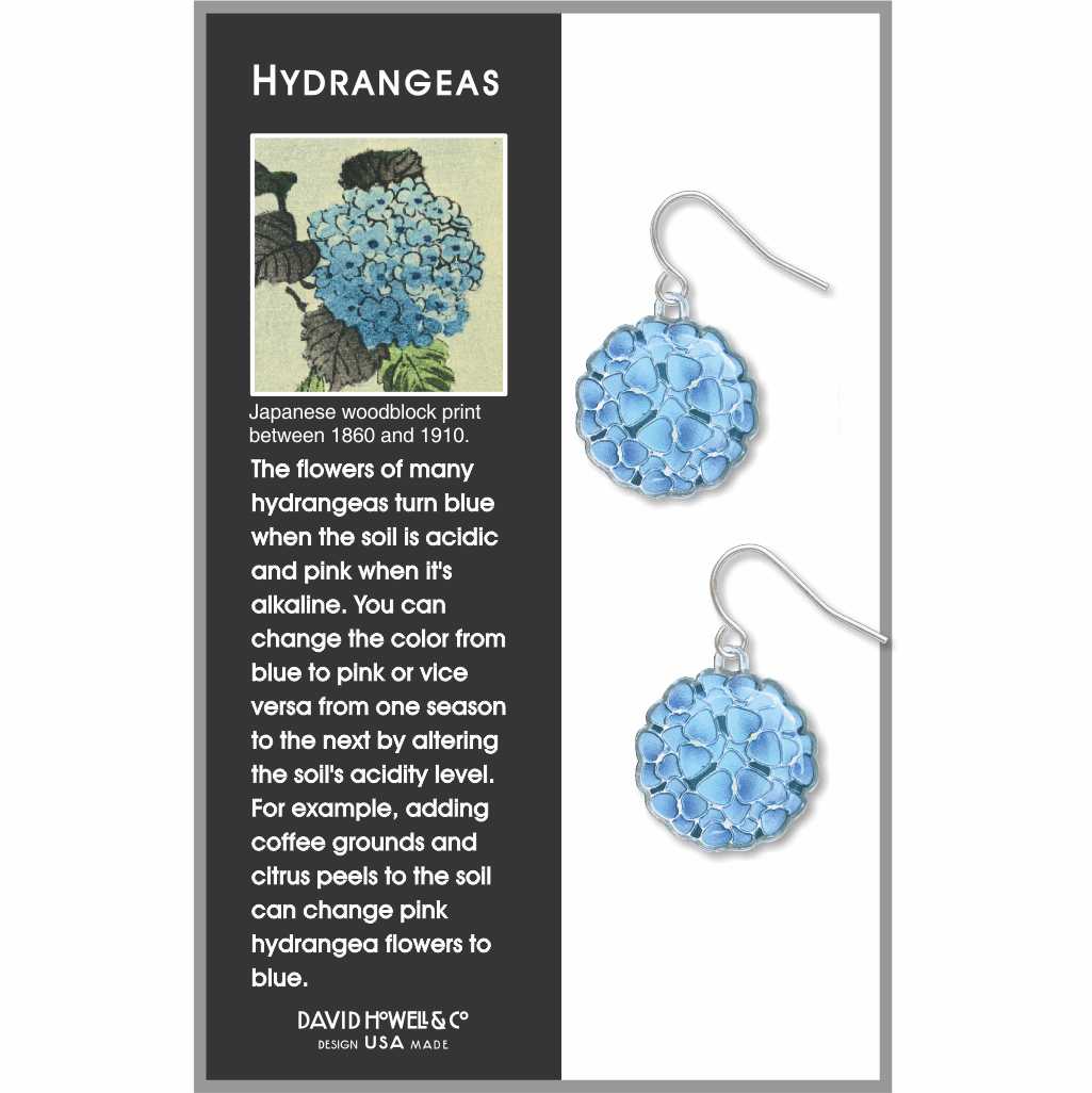 Hydrangeas earrings in packaging with info card