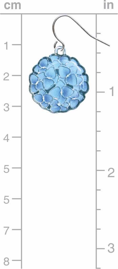 Blue hydrangea-shaped earring on a ruler for measurement
