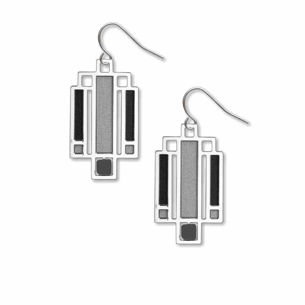 Willits Lightscreen Earrings: silver-tone geometric earrings inspired by Frank Lloyd Wright's Willits House lightscreen design, featuring black, charcoal gray, and textured silver accents in a stained-glass-inspired architectural pattern on white background