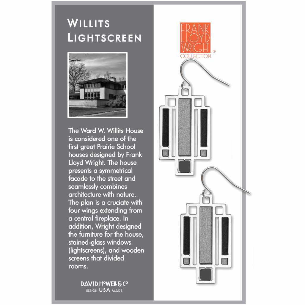 Willits Lightscreen Earrings: silver-tone geometric earrings inspired by Frank Lloyd Wright's Willits House lightscreen design, featuring black, charcoal gray, and textured silver accents in a stained-glass-inspired architectural pattern.