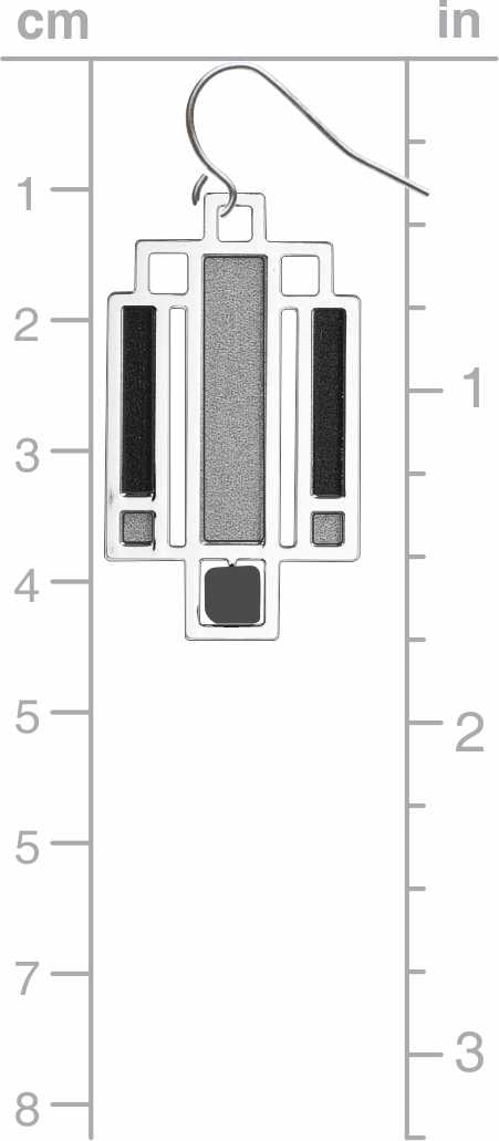 Willits Lightscreen Earrings: silver-tone geometric earrings inspired by Frank Lloyd Wright's Willits House lightscreen design, featuring black, charcoal gray, and textured silver accents in a stained-glass-inspired architectural pattern shown on measurement chart