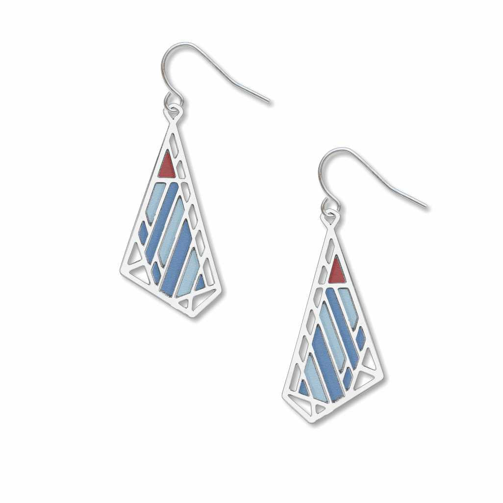 Dana-Thomas Butterfly Earrings, silver-tone geometric butterfly earrings with blue and red stained-glass-inspired accents on white background