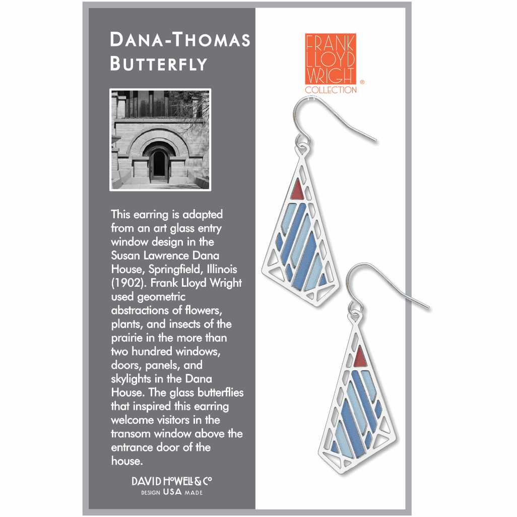Dana-Thomas Butterfly Earrings, silver-tone geometric butterfly earrings with blue and red stained-glass-inspired accents.