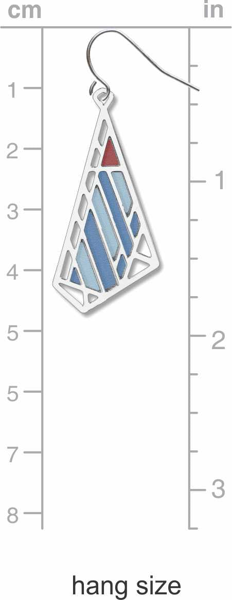Dana-Thomas Butterfly Earrings, silver-tone geometric butterfly earrings with blue and red stained-glass-inspired accents shown on measurement chart