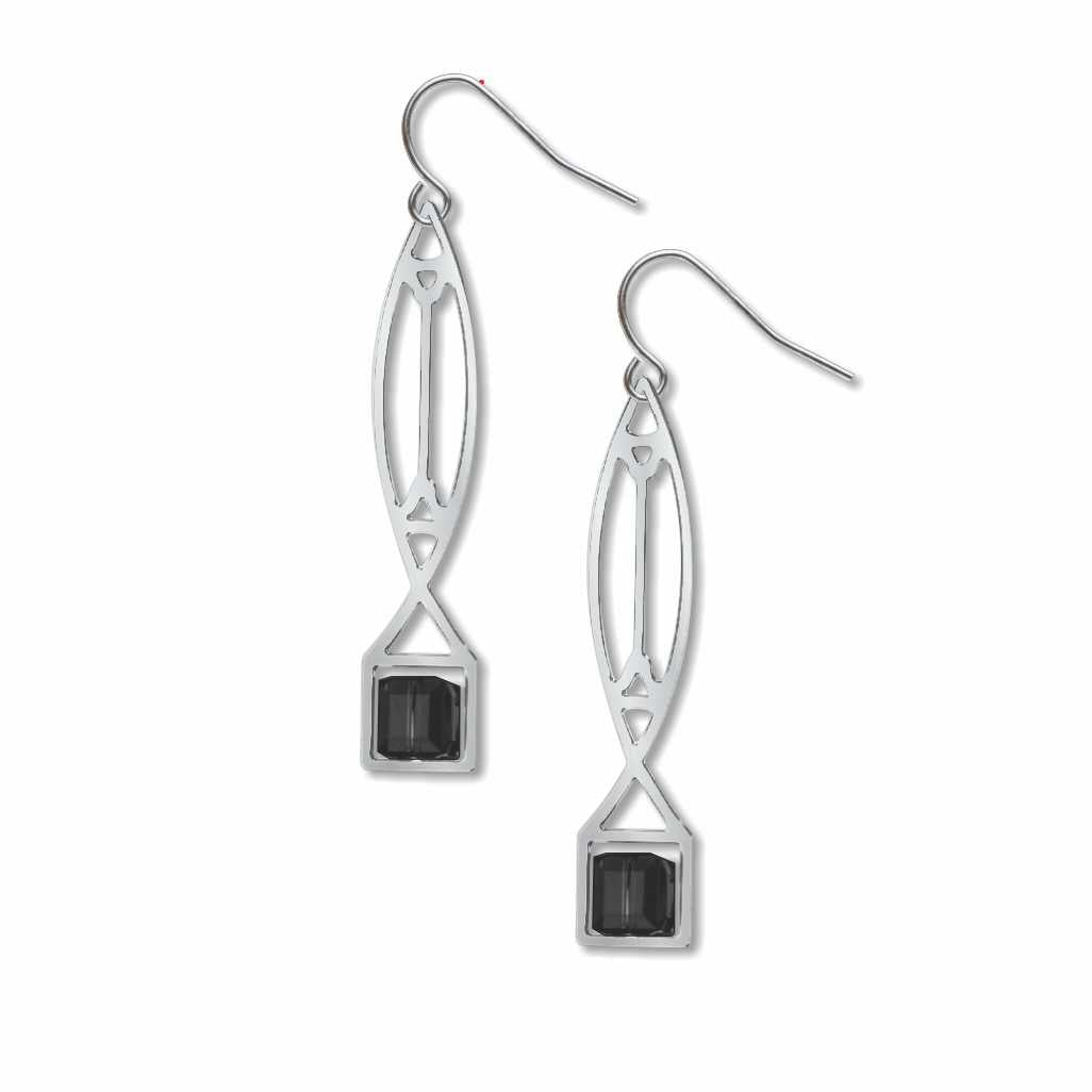 Winslow Lightscreen Earrings, silver-tone elongated geometric earrings with smoky black stained-glass-inspired accents shown on white background