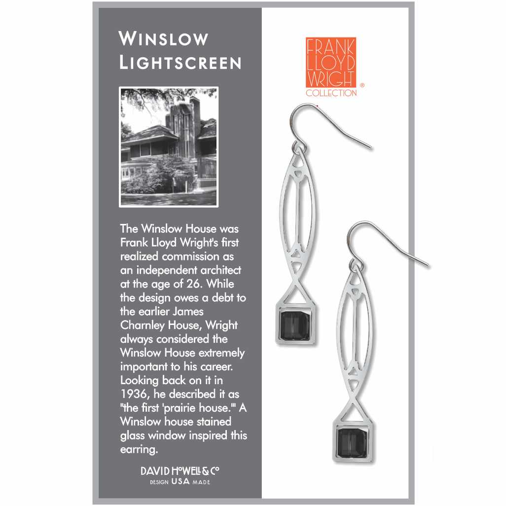 Winslow Lightscreen Earrings, silver-tone elongated geometric earrings with smoky black stained-glass-inspired accents.