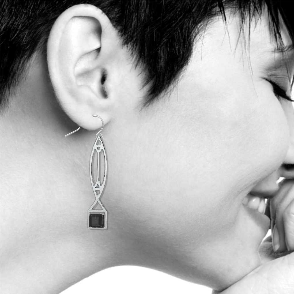 Winslow Lightscreen Earrings, silver-tone elongated geometric earring with smoky black stained-glass-inspired accents shown on model