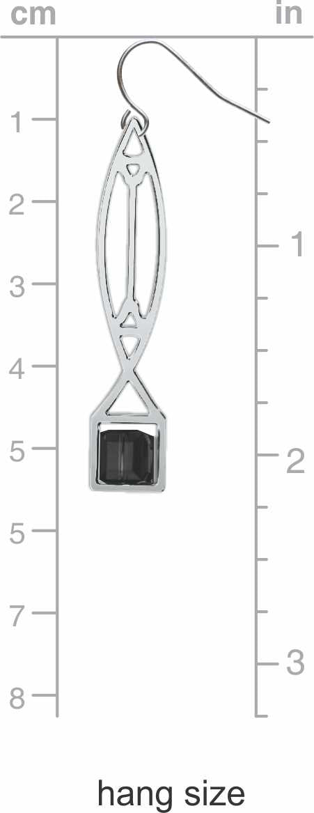Winslow Lightscreen Earrings, silver-tone elongated geometric earring with smoky black stained-glass-inspired accents shown on measurement chart