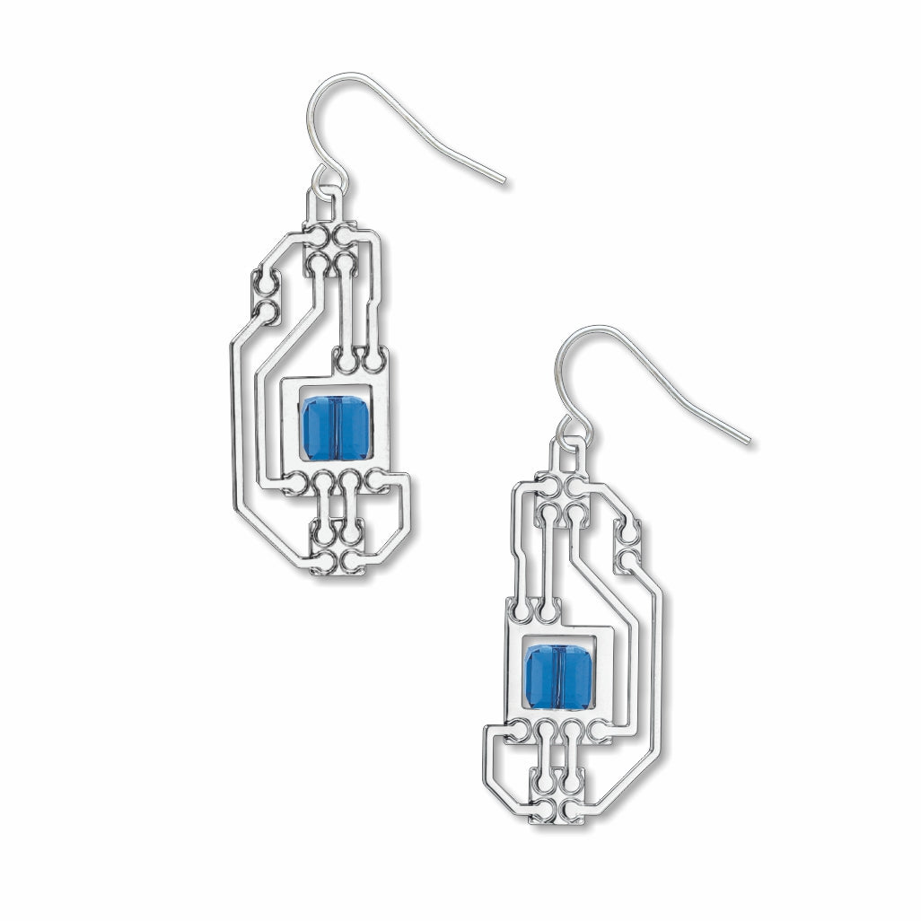 Pair of Circuits abstract silver drop earrings with intricate circuit board-inspired openwork detailing, accented by bright translucent blue geometric stones for a sleek futuristic statement design
