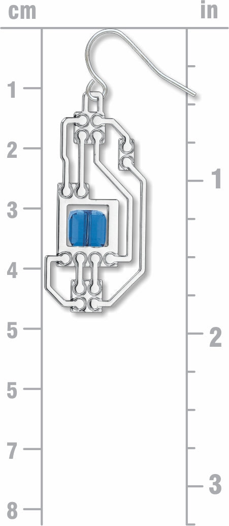 Circuits earring: silver circuit-inspired drop earring with blue geometric stone beside measurement scale.