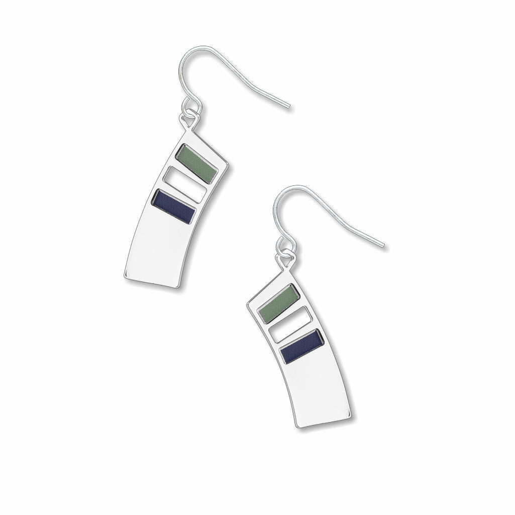 The Colors of Music curved silver drop earrings with green and navy geometric enamel accents inspired by Kandinsky’s abstract paintings