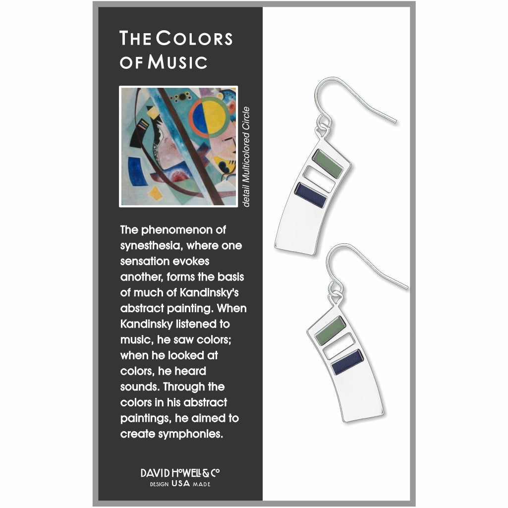 The Colors of Music abstract drop earrings with curved silver panels and green and navy enamel details inspired by Kandinsky’s synesthetic artwork