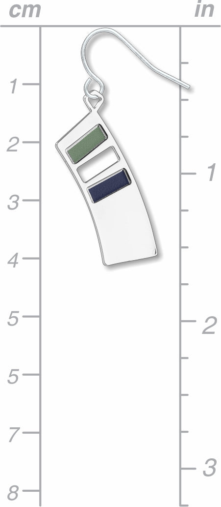 The Colors of Music curved silver drop earring with green and navy enamel geometric accents shown against a centimeter and inch measurement guide inspired by Kandinsky’s abstract compositions