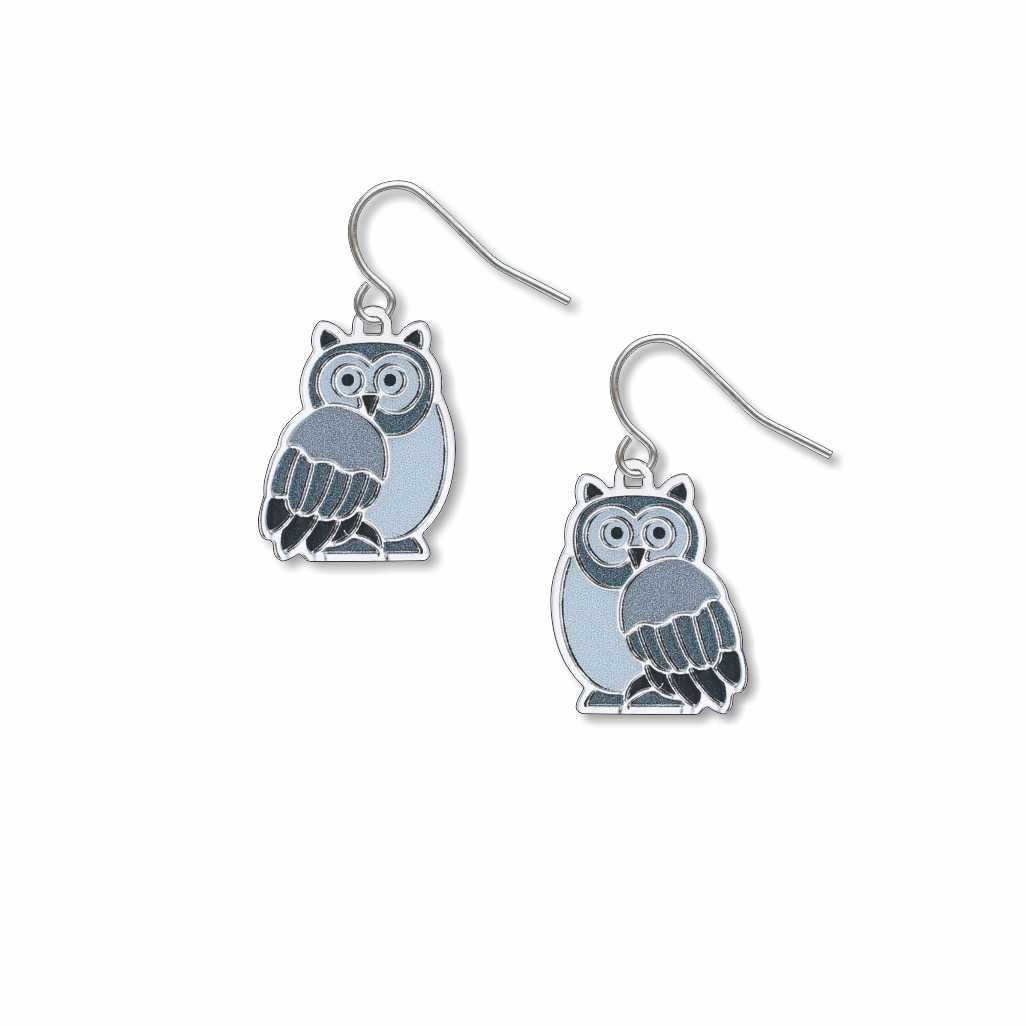 Owls Earrings: silver-tone owl earrings inspired by a stained-glass window design, featuring blue, gray, and black owl details on white background