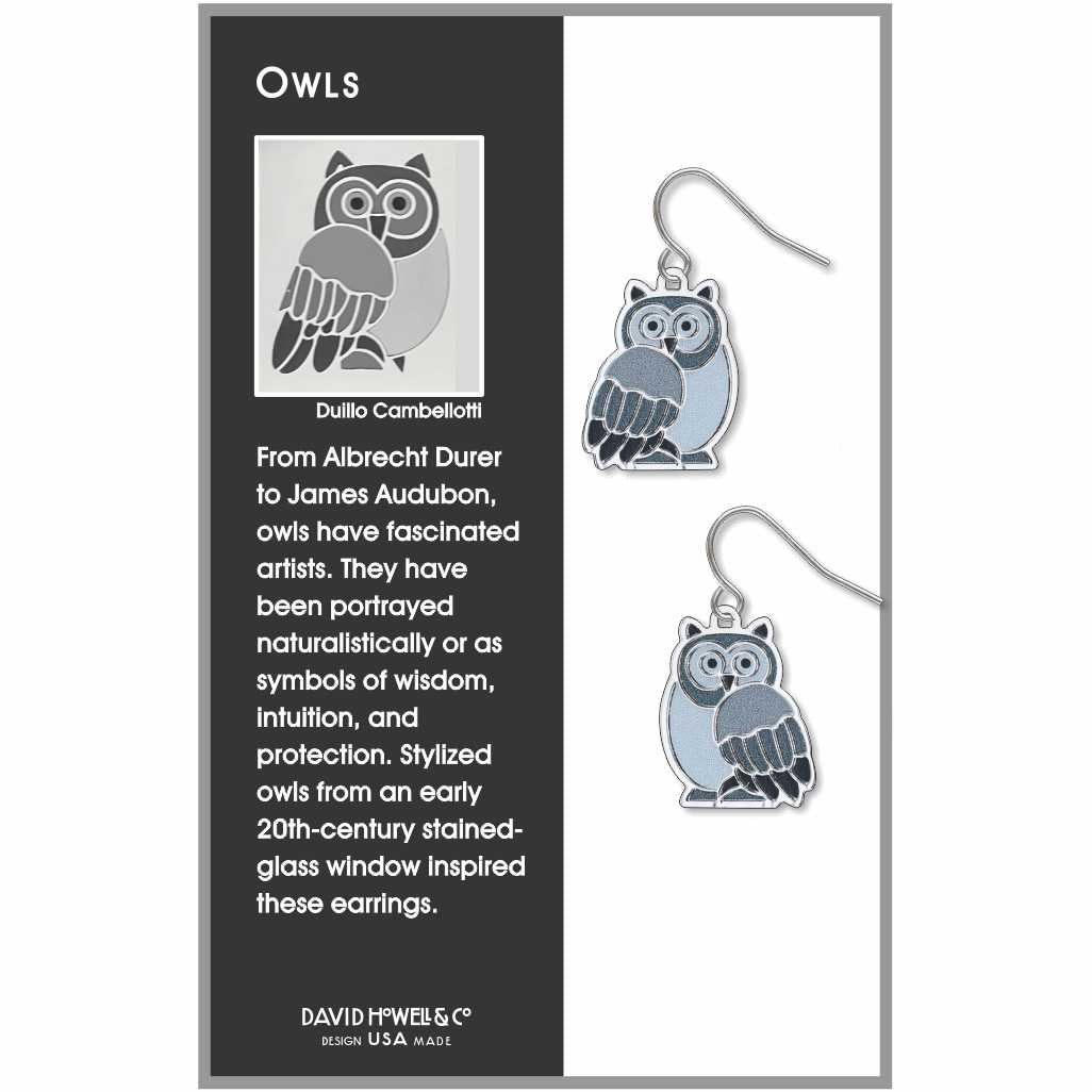 Owls Earrings: silver-tone owl earrings inspired by a stained-glass window design, featuring blue, gray, and black owl details.