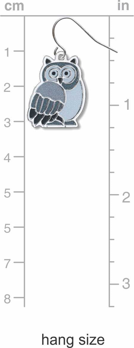 Owls Earrings: silver-tone owl earring inspired by a stained-glass window design, featuring blue, gray, and black owl details shown on centimeter and inch measurement chart