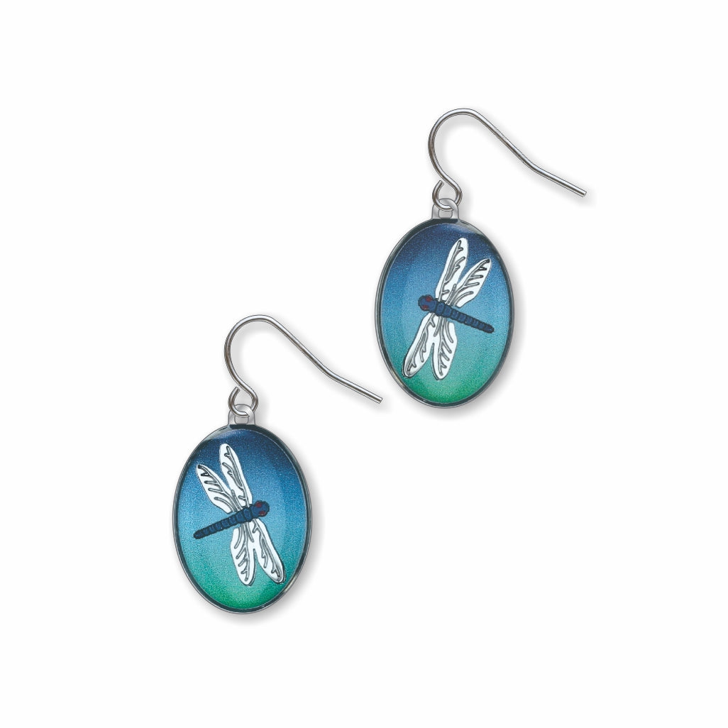 Dragonfly earrings: oval blue and green drop earrings with dragonfly illustration and silver ear wires.