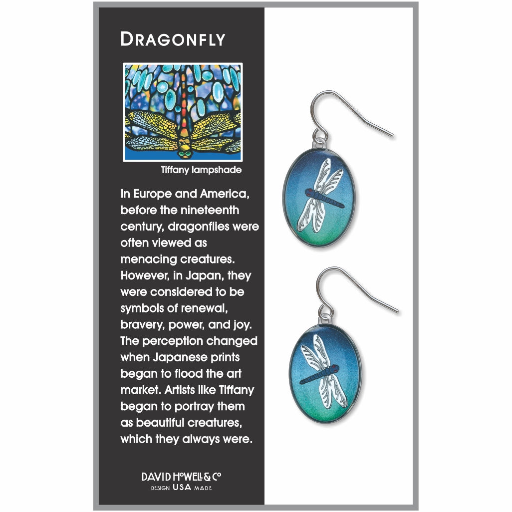 Dragonfly earrings: oval drop earrings with blue and green dragonfly illustration on product card.