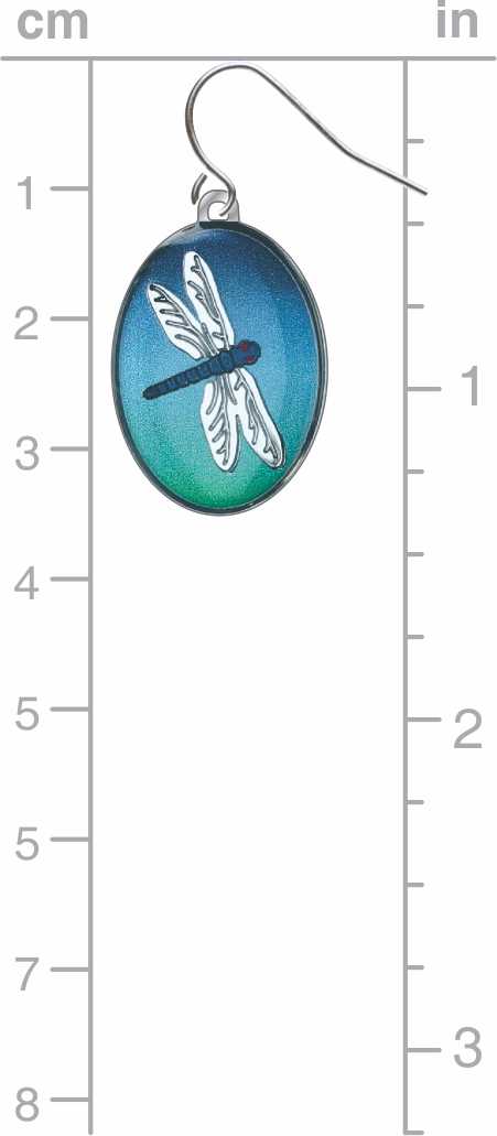 Dragonfly earrings: oval blue and green dragonfly drop earring against measurement chart.