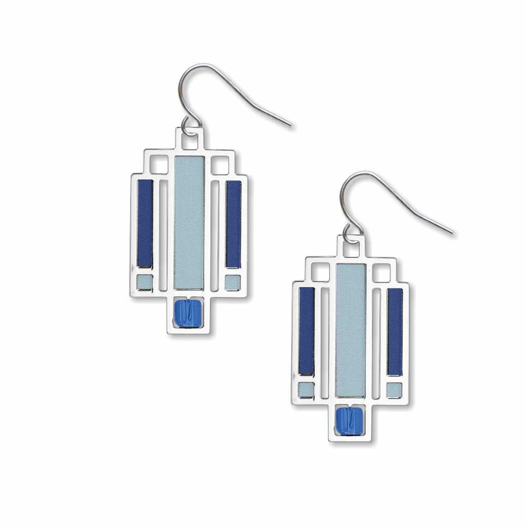 Willits Lightscreen Earrings: silver-tone geometric earrings inspired by Frank Lloyd Wright's Willits House lightscreen design, featuring light blue and dark blue accents on white background