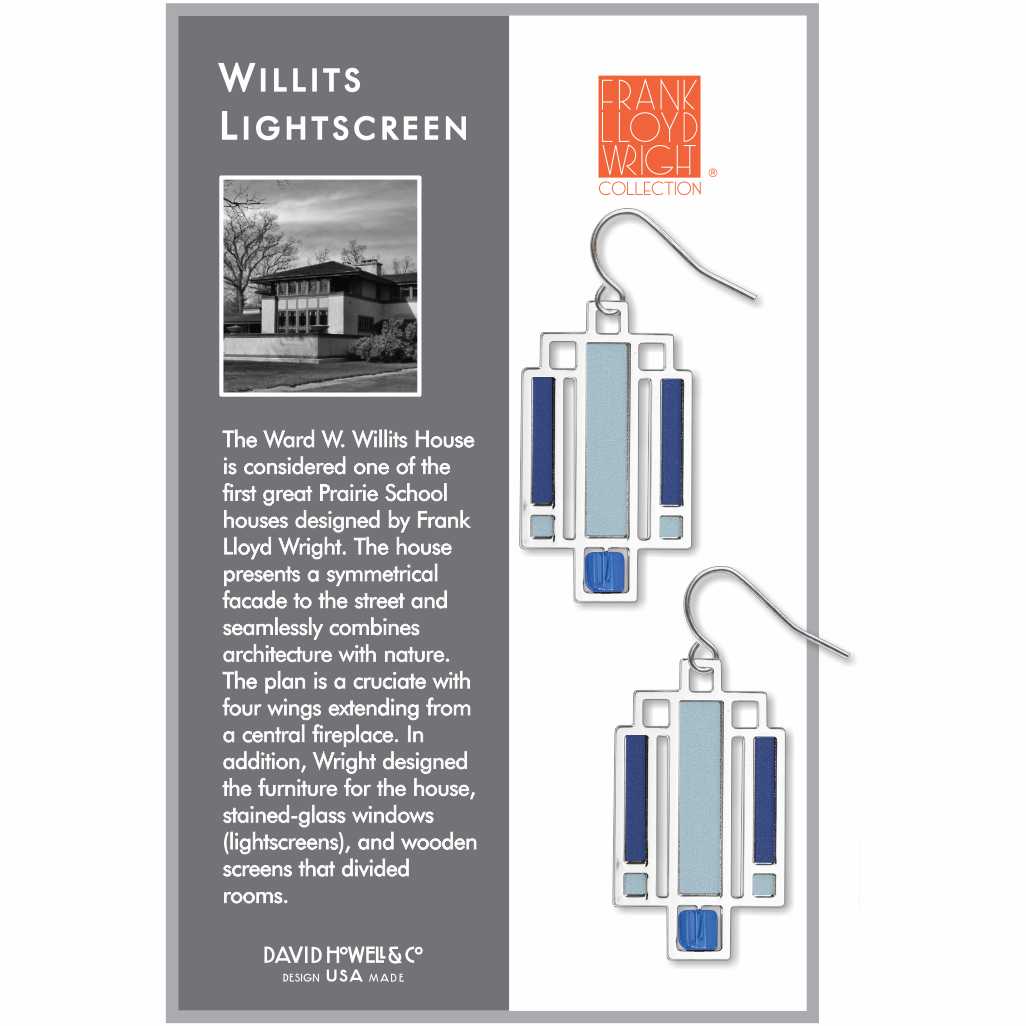 Willits Lightscreen Earrings: silver-tone geometric earrings inspired by Frank Lloyd Wright's Willits House lightscreen design, featuring light blue and dark blue accents.