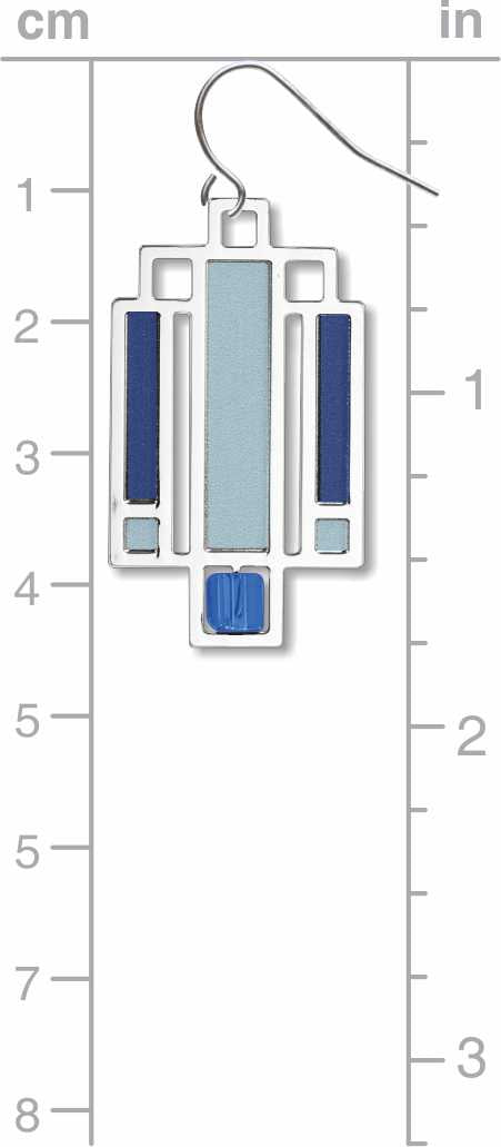 Willits Lightscreen Earrings: silver-tone geometric earrings inspired by Frank Lloyd Wright's Willits House lightscreen design, featuring light blue and dark blue accents shown on centimeter and inch measurement chart