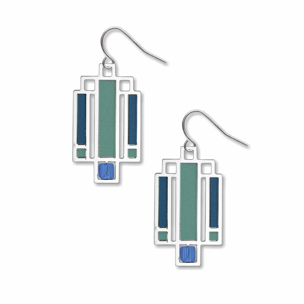 Willits Lightscreen Earrings: silver-tone geometric earrings inspired by Frank Lloyd Wright's Willits House lightscreen design, featuring teal, turquoise, and cobalt blue stained-glass-style accents on white background
